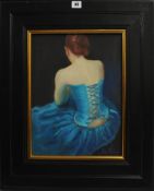 PIRAN BISHOP (born 1961) signed oil on canvas Rear View of Woman in Turquoise Dress` in a black