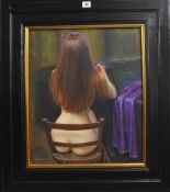PIRAN BISHOP (born 1961) signed oil on canvas `Rear View of Nude Woman on Wooden Chair` inscribed to