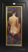 PIRAN BISHOP (born 1961) signed oil on canvas `Kat 2000`, nude woman on wooden chair in a black