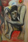 DIANA ZWIBACH mixed media `Man Seated in a Wooden Frame`, signed 103cm x 70cm