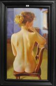 PIRAN BISHOP (born 1961) signed oil on canvas Nude Woman on Wooden Chair` inscribed to verso `