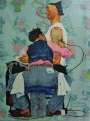 After NORMAN ROCKWELL oil on canvas `Tattoo Artist at Work`, unframed 100cm x 80cm