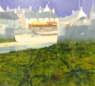 LES.J. SPENCE mixed media `Cornish Harbour Scene`, mixed media, 59cm x 65cm