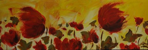 LEE WOODS (born 1964) `Autumn Flowers` acrylic on wrap around board, signed, 30cm x 91cm
