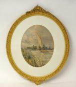 STEPHEN JOHN BATCHELDER (1849-1932) watercolour `Wherry on the Broads` in oval mount within a gilt