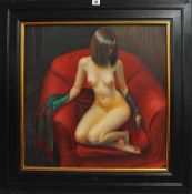 PIRAN BISHOP (born 1961) signed oil on canvas, `Nude Woman Seated on Red Chair in a black frame.