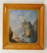 19th century Continental School `Boats on a River before a Cliff Face` pastel in a wide maple frame,