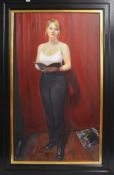 PIRAN BISHOP (born 1961) signed oil on canvas `Woman with Book` in black frame 122cm x 71cm