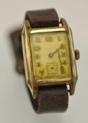 Traditional gents tank case yellow metal wristwatch with 1940s inscription (as found)