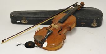 A 20th century Violin and bow with paper label `Jacobus Stainer in Abfam, Prope Denipontum, 1655`,