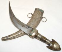 19th century North African Jambiya dagger, horn handle with silver sheath set with turquoise, 34cm