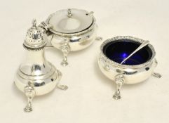 Three piece silver condiment set comprising mustard pot, table salt and pepper