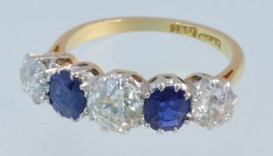 A good sapphire and diamond five stone ring, 18ct yellow gold, size M