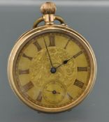 Victorian open face and keyless pocket watch with engraved dial set with Roman numerals and sub