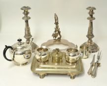 Various silver plated ware including pair of candlesticks, tea pot, pen and ink stand, display stand