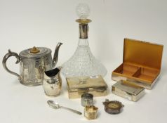 "Collection of metal boxes and other various metalwares together with glass decanter 31cm.