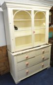 Victorian painted `Cornish` dresser in two sections with glazed upper part and two short and two