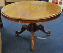 A Victorian mahogany circular breakfast table with tip up top on carved base, 118cm