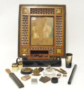 Various objects including Moorish framed picture, horn, penknives, inkwell, lacquered Russian (?)