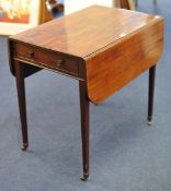 19th century mahogany Pembroke table on square tapered legs with small brass castors approx 77cm
