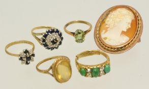 Five various dress rings and a cameo including three 9ct gold rings (12 g)