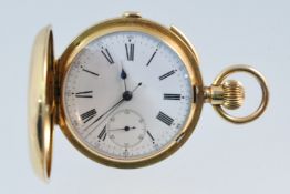 A Swiss 18ct gold full hunter half repeater pocket watch, working order.