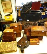 Quantity of Victorian and later boxes. Also child’s toy pram and a set of bellows.