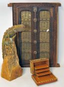 A bog wood carved lizard sculpture, a marquetry smokers box and heavy Eastern brass and wood tray