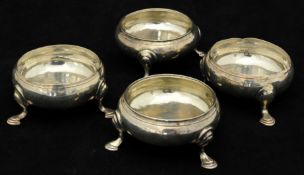 A matched set of four silver table salts, each on three hoof feet, approx 4.64oz