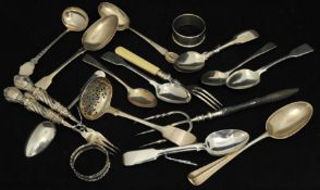 An interesting collection of various silver flat wares and objects, including Victorian Exeter