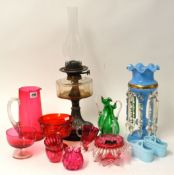 Various Victorian and later glassware, including blue opaline lustre, cranberry glass, oil lamp