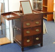 Georgian mahogany campaign gentleman`s dressing chest, the fold over top with fitted interior over