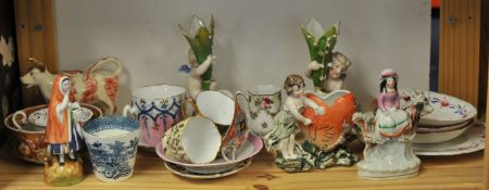 Various Victorian and later ornaments, cups and saucers, figures etc, contents of two boxes