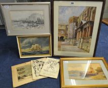 Four various pictures including watercolours, oil CH WILLIAMS a sailing ship and pencil sketch of