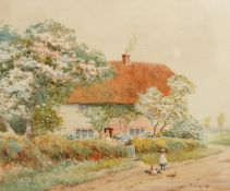 After HELEN ALLINGHAM (1848-1926) watercolour `Children before a Thatched Cottage`, inscribed to