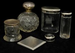 Square silver engined compact together with three glass and silver jars