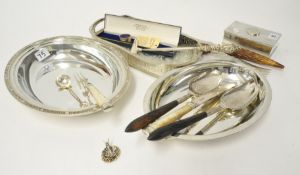 Silver plated entrée dish, three pairs of servers including silver and mother of pearl, white