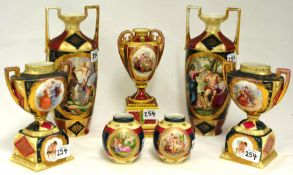 Collection of Austrian and `Vienna` porcelain including five twin handled vases and two smaller