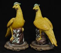 Pair of Chinese ceramic models of pheasants on later bases, 18cm high