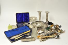 Set six silver handled pistol grip cake knives in fitted box together with various silver plated