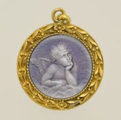 Yellow metal and enamelled pendant with angel decoration