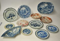 Interesting collection of early 19th century blue and white & other plates including Oriental