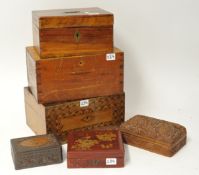 Six various boxes including Victorian parquetry inlaid, carved Chinese, lacquered etc.