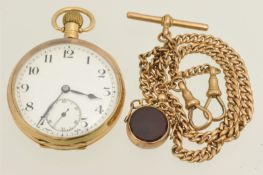 9ct gold watch chain approximately 37g t/w a 9ct gold open face keyless pocket watch with sub second