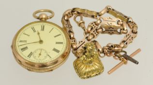 An open face pocket watch with key wind movement stamped 10k t/w Victorian 9ct gold watch chain with