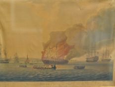 Pair of marine prints `Explosion from His Majesty`s Ship Boyne after having burnt to the waters edge