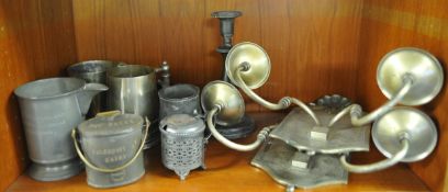 Various metal wares including pewter measures, tankards, early 20th century milk measure, Caldacot