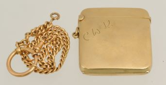 9ct gold cigarette case inscribed C W K approximately 68g and a yellow metal chain.