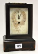 Victorian wood cased mantle cock, with French movement, key and pendulum.