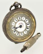 A silver fob watch with open face and carouse numerals stamped .935.